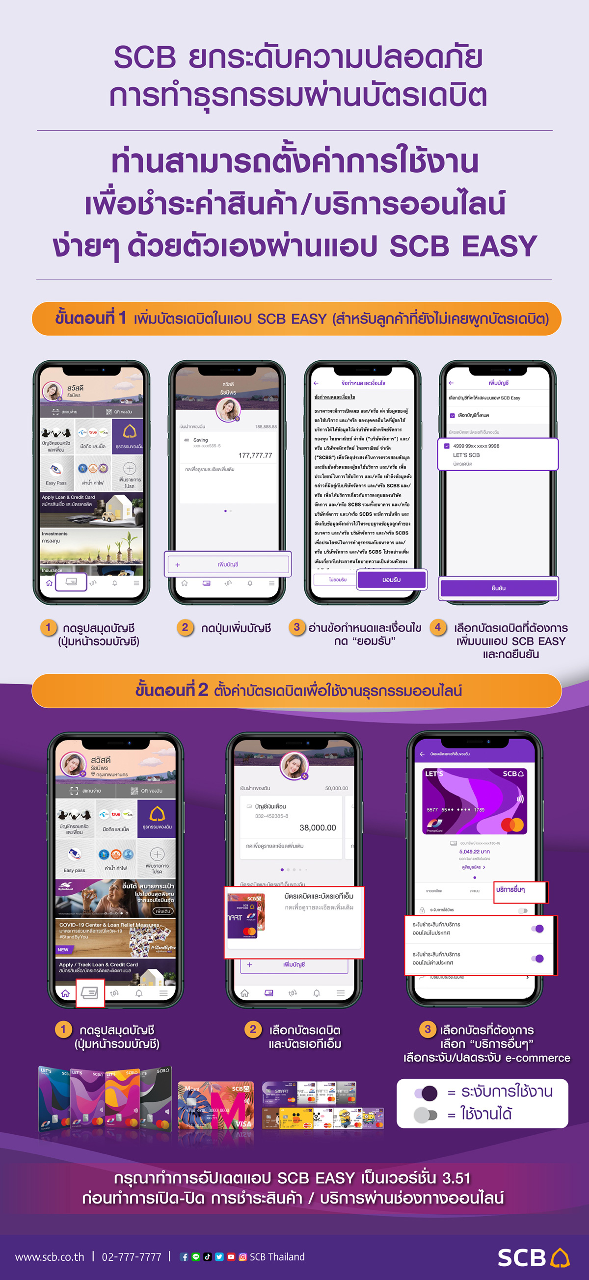 การตั้งค่าบัตรเดบิต เพื่อใช้งานธุรกรรม Online ด้วยตัวท่านเองผ่านแอป Scb Easy